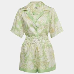 Pre Owned Sandro Green Floral Print Satin Top & Shorts Set XS