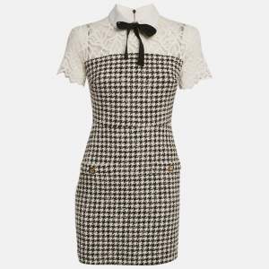 Pre Owned Sandro Monochrome Tweed & Lace Collared Mini Dress S