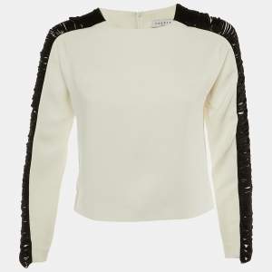 Pre Owned Sandro White Crepe Contrast Sleeve Detail Top S