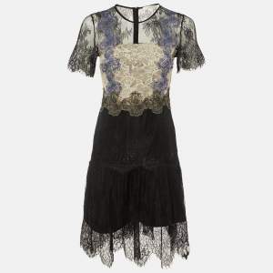 Pre Owned Sandro Black Lace Contrast Detail Mini Dress M