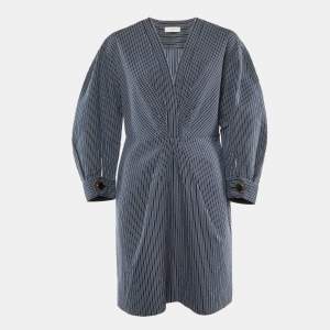 Pre Owned Sandro Navy Blue Striped Cotton Blend Plunge Neck Mini Dress XL 