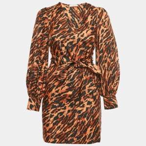 Pre Owned Sandro Brown /Black Animal Print Silk Moon Mini Dress XS