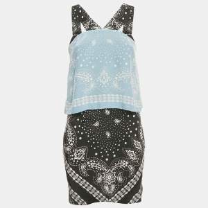Pre Owned Sandro Black/Blue Printed Silk Mini Dress S