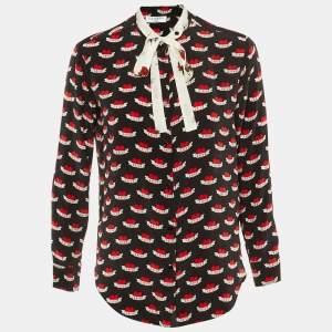 Pre Owned Sandro Black Love Print Silk Tie Neck Blouse M 