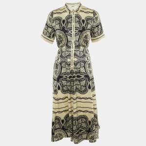 Pre Owned Sandro Cream /Navy Blue Paisley Print Satin Midi Dress S