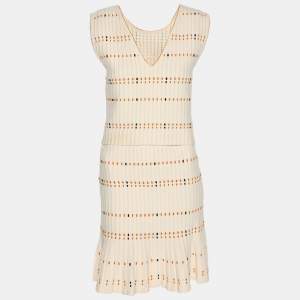 Pre Owned Sandro Cream Striped Rib Knit Top and Mini Skirt Set S