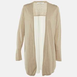 Pre Owned Sandro Beige Knit & Crepe Pleated Cardigan M