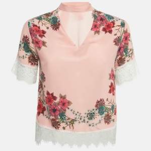 Pre Owned Sandro Pink Floral Print Silk Lace Trim Detail Top S