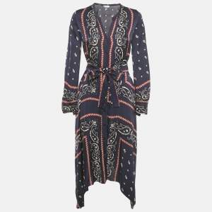 Pre Owned Sandro Blue Bandana Print Satin Asymmetric Midi Dress XS