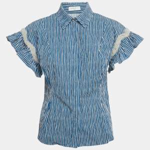 Pre Owned Sandro Blue/ White Striped Embellished Trim Cotton Erine Shirt M