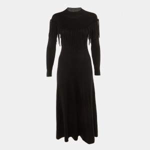 Pre Owned Sandro Black Wool Knit Janis Fringed Long Sweater Dress S