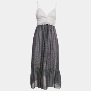 Pre Owned Sandro White /Navy Blue Striped Lace & Crepe Midi Dress M