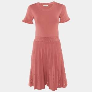 Pre Owned Sandro Pink Knit Eyelet Detail Etor Pleated Dress M