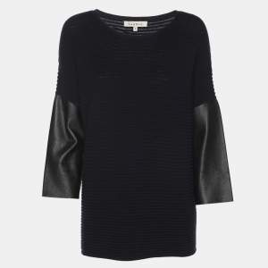 Pre Owned Sandro Navy Blue/Black Rib Knit and Leather Tops S