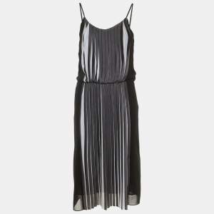 Pre Owned Sandro Black /White Pleated Crepe Midi Dress M