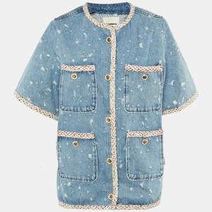 Pre Owned Sandro Blue Distressed Denim Braid Trim Jacket XL