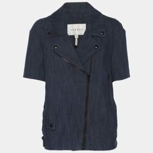 Pre Owned Sandro Blue Denim Short Sleeve Blazer Jacket S