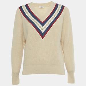 Pre Owned Sandro Beige Applique Rib Knit V-Neck Sweater S