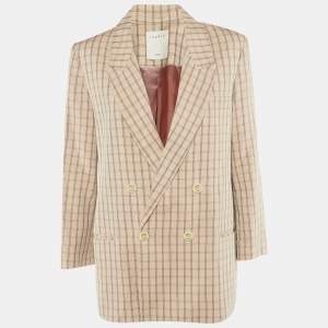 Pre Owned Sandro Beige Checkered Print Lurex Crepe Danube Blazer L