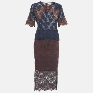 مملوكة مسبقًا Sandro Navy Blue /Burgundy Lace Top & Skirt Set S