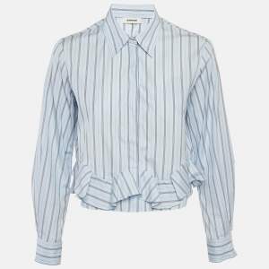 Pre Owned Sandro Blue Striped Cotton Ruffled hem Cropped Shirt S