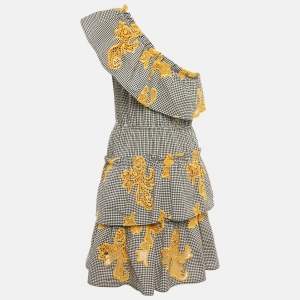 Pre Owned Sandro Black Checkered Cotton & Contrast Cutwork Detail One Shoulder Tiered Mini Dress S