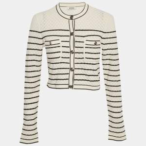 Pre Owned Sandro White Striped Crochet Knit Cropped Cardigan L