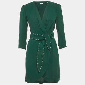 Pre Owned Sandro Green Crepe Embellished Trim Wrap Around Mini Dress XS