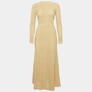 مملوكة مسبقًا طقم سترة وتنورة محبوكة مجوفة كريمية من ساندرو حجم صغير