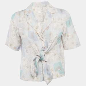 مملوكة مسبقًا Sandro Blue Floral Print Crepe Tie-Up Shirt S