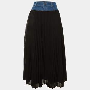 Pre Owned Sandro Black Crepe & Denim Pleated Midi Skirt M