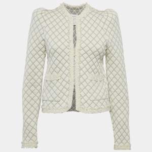 Pre Owned Sandro Cream Quilted Effect Knit Hook Front Jacket S