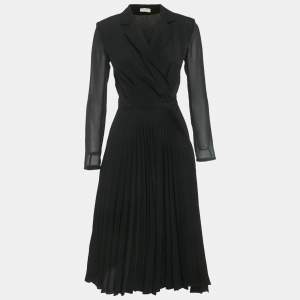 مملوكة مسبقًا Sandro Black Crepe Plisse Midi Wrap Dress XS