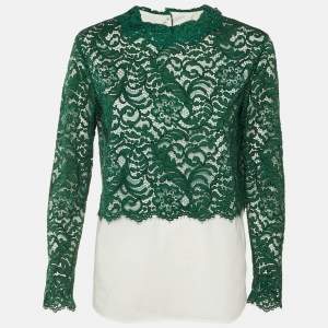 مملوكة مسبقًا Sandro  Green /White Cotton & Lace Overlay Malia Top L