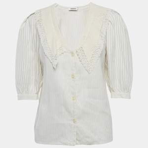 مملوكة مسبقًا Sandro White Striped Linen Blend Crochet Collar Shirt M