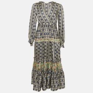 مملوكة مسبقًا Sandro Blue Floral Print Satin Valentina V Neck Midi Dress S