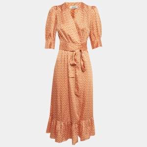 Pre Owned Sandro Orange Heart Printed Satin Wrap Dress S
