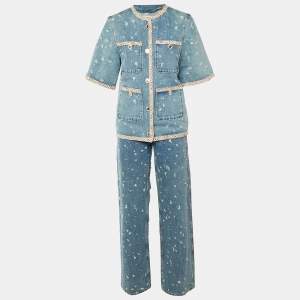 Pre Owned Sandro Blue Distressed Denim Lorette Jacket & Jeans Set S/L