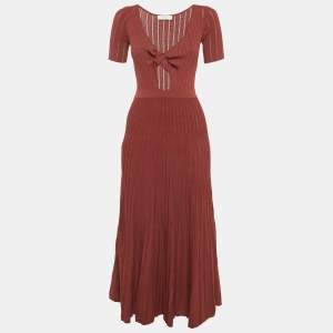 Pre Owned Sandro Burgundy Pointelle Knit Knotted Midi Dress XS