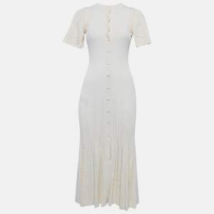 Pre Owned Sandro Cream Pointelle Knit Flared Midi Dress S