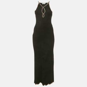 Pre Owned Sandro Black Velvet Knit Cutaway Teardrop Embellished Maxi Dress S