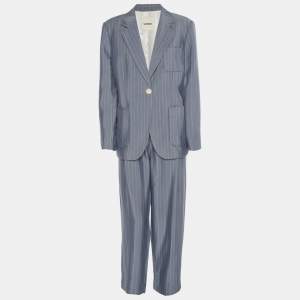 Pre Owned Sandro Blue Pinstripe Satin Blazer and Pants Set S/M