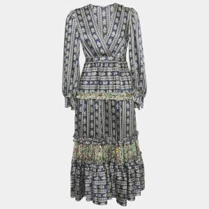 مملوكة مسبقًا Sandro Navy Blue Floral Print Satin Valentina Ruffled Midi Dress XS
