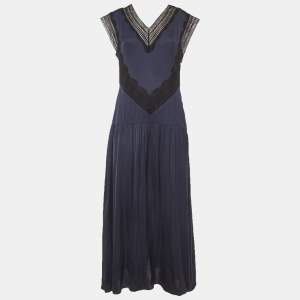 مملوكة مسبقًا فستان ساندرو كحلي أزرق ساتان دانتيل-إنسيت ماكسي متوسط الحجم