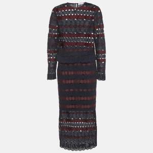 Pre Owned Sandro Blue/Maroon Lace Top and Pencil Skirt Set L/M