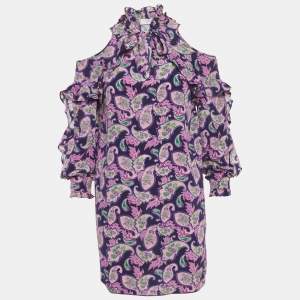 مملوكة مسبقًا Sandro Purple Printed Silk Ruffled Cold-Shoulder Dress S