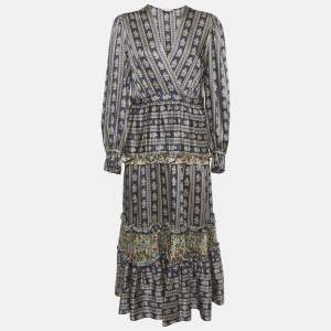 Pre Owned فستان ساندرو أزرق بطبعة زهور حرير فالنتينا برقبة على شكل V ميدي صغير الحجم