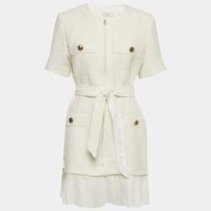 مملوكة مسبقًا فستان ساندرو أبيض من تويد مع حزام قصير كبير