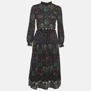 Pre Owned فسـتان ساندرو أسود بطباعة شيفون بكشكش متوسط الطول بمقاس صغير جداً