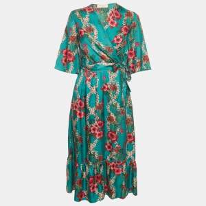 Pre Owned Sandro Turquoise Floral Print Silk Midi Wrap Dress M 